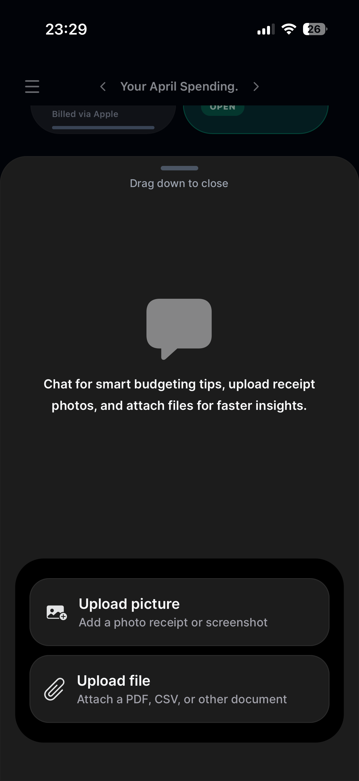 Budgefy AI upload assistant screen
