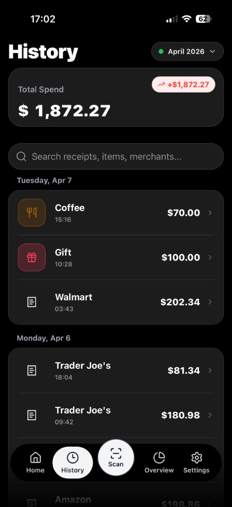 Budgefy history screen